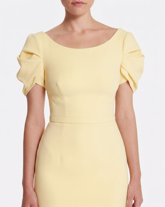 Column gown with sculptural draped sleeves in PALE YELLOW