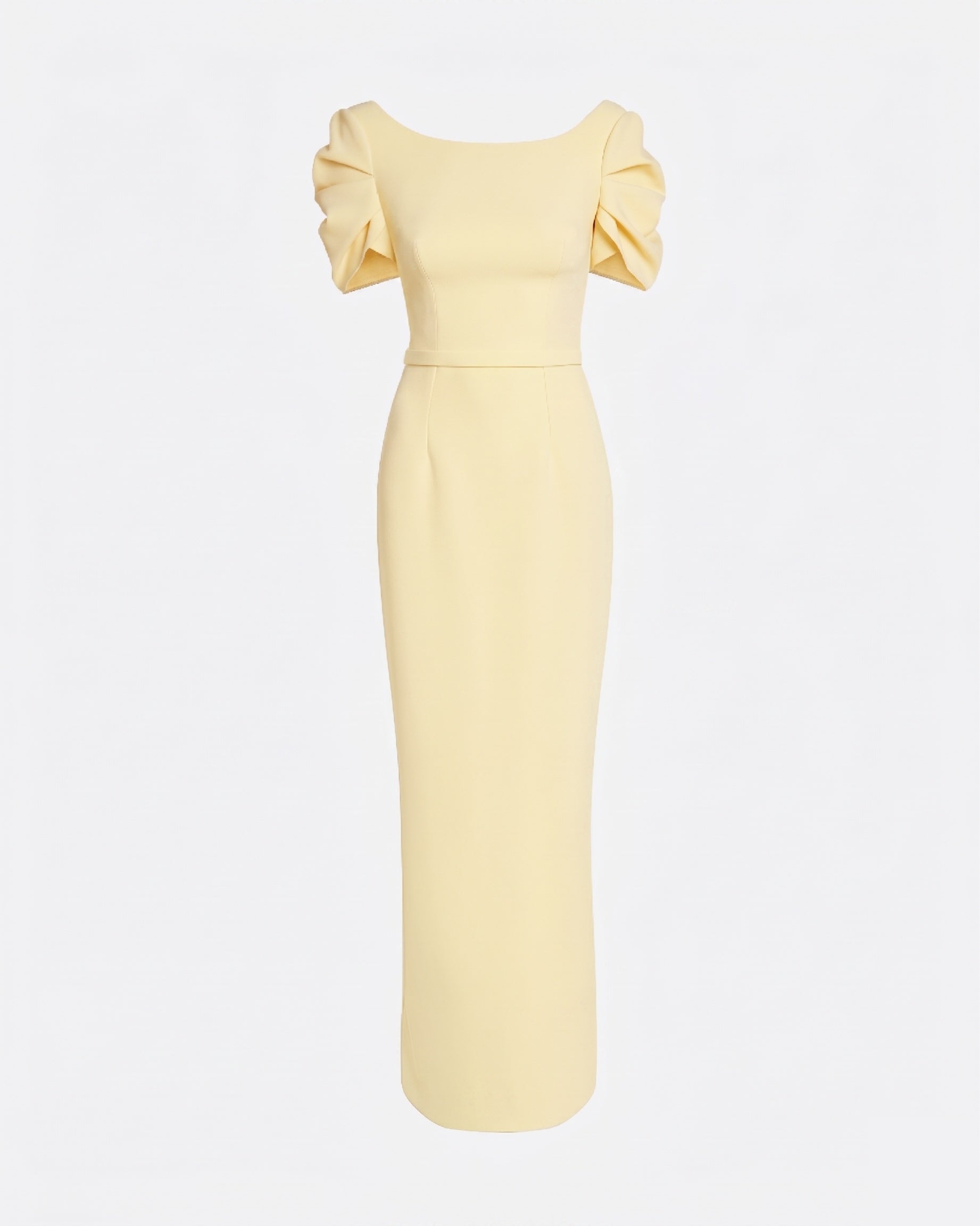 Column gown with sculptural draped sleeves in PALE YELLOW