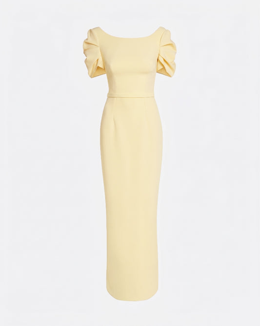 Column gown with sculptural draped sleeves in PALE YELLOW