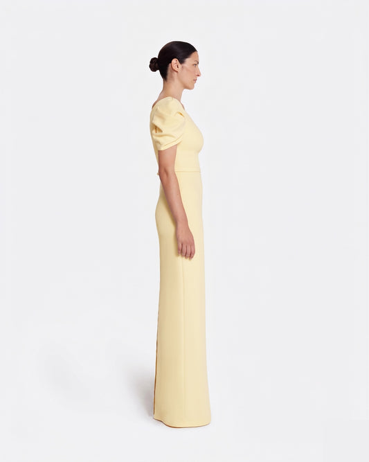 Column gown with sculptural draped sleeves in PALE YELLOW