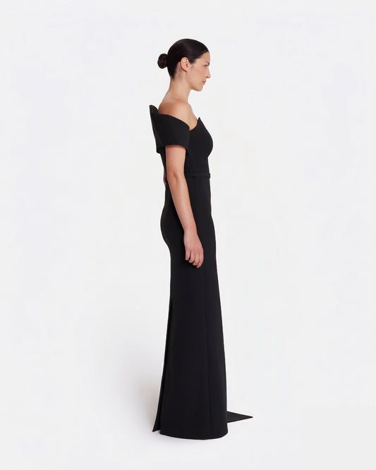 Column gown with asymmetric bustier & sash detail  in BLACK