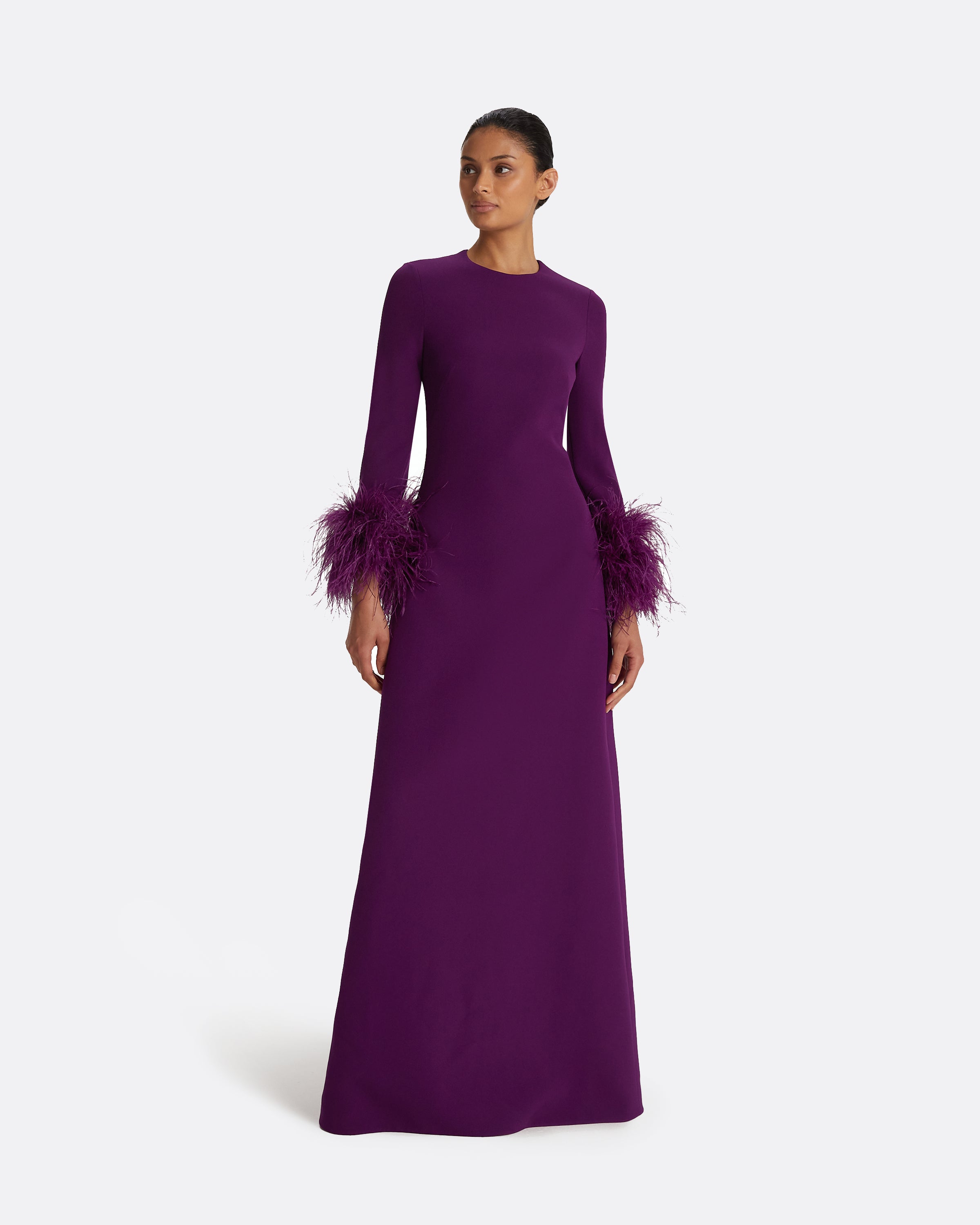 Renalla Currant Feather-Trimmed Long Dress – Safiyaa London