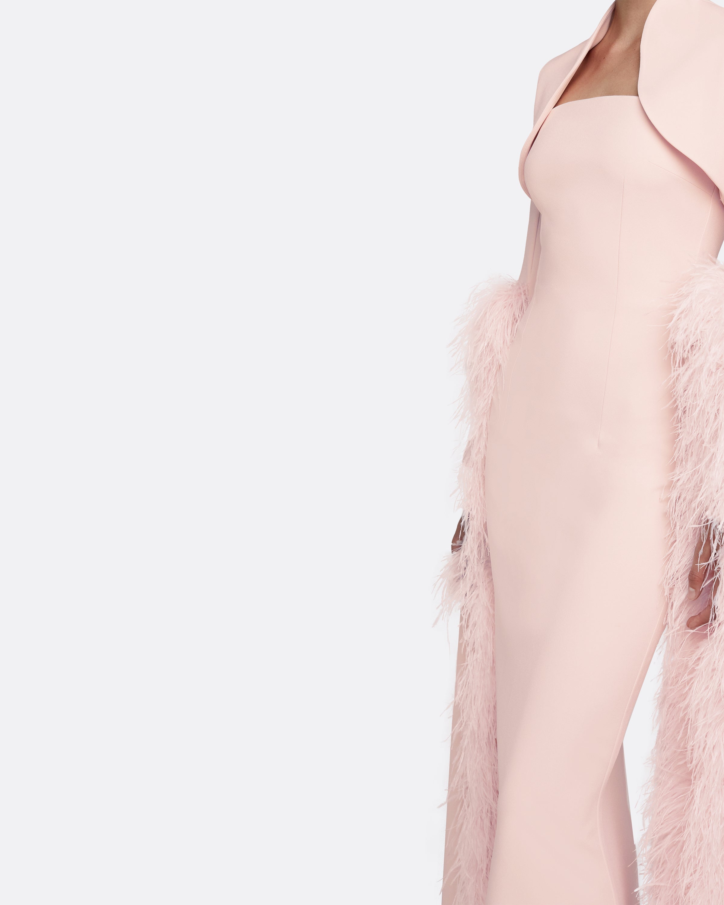 Amari Pale Pink Feather Trimmed Bolero With Soshin Dress Safiyaa London