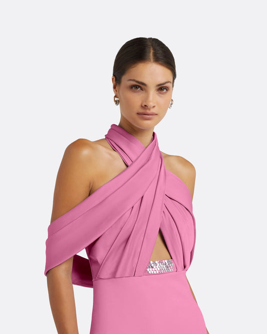Pink evening gown with cut-out design and embellishment, detail shot. As worn by Serena Williams.