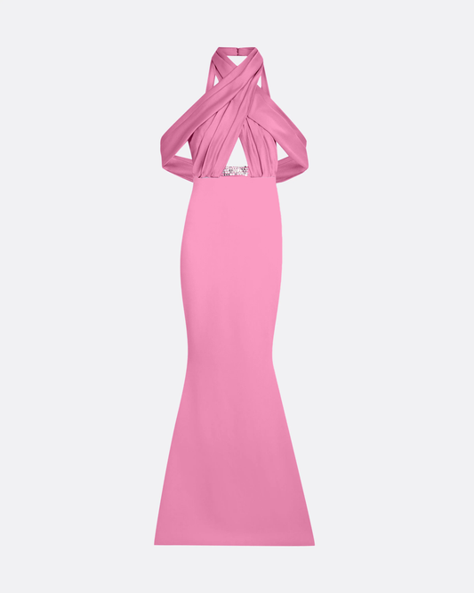 Pink evening gown with cut-out design and embellishment. As worn by Serena Williams.