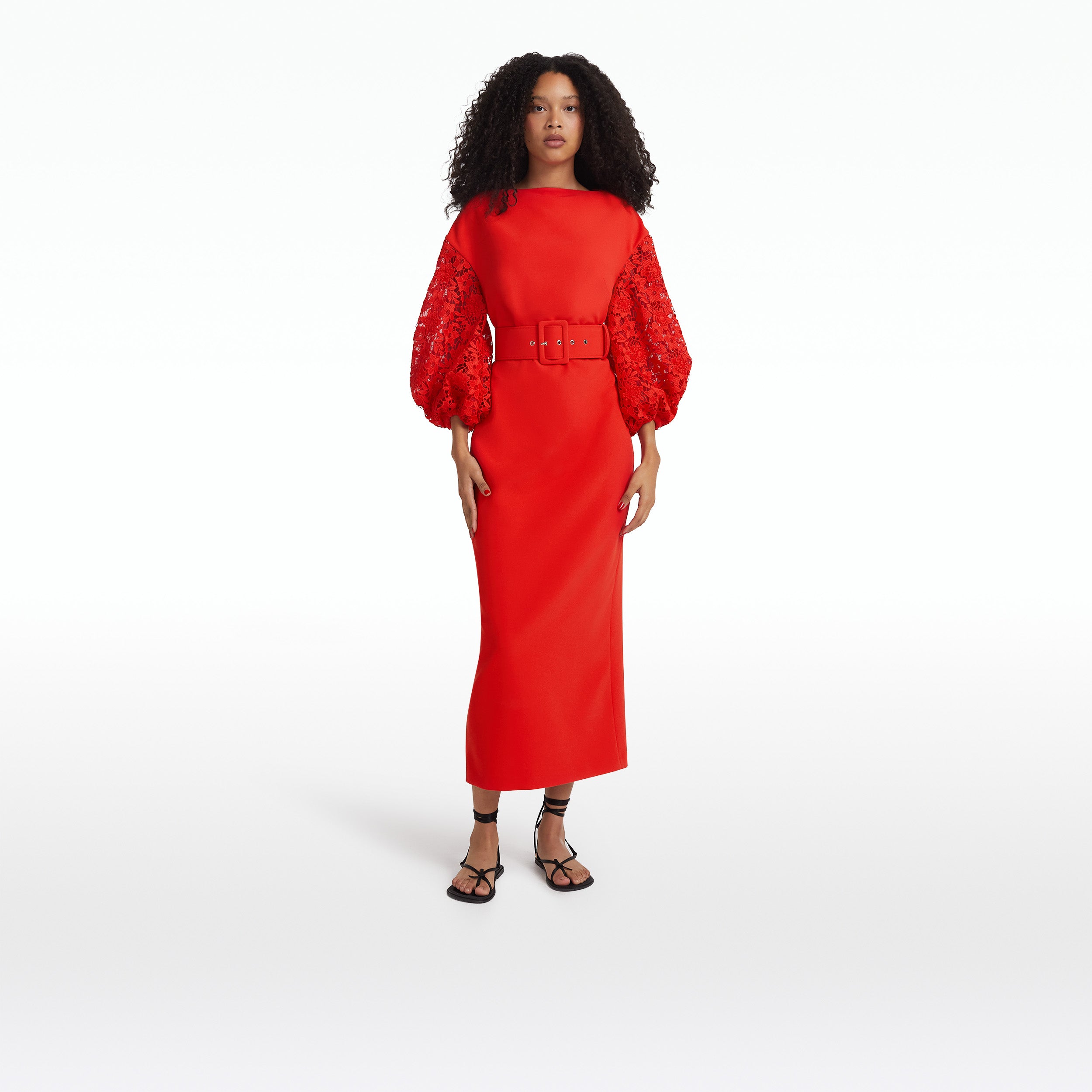 Amiee Lacquer Red Midi Dress With Belt