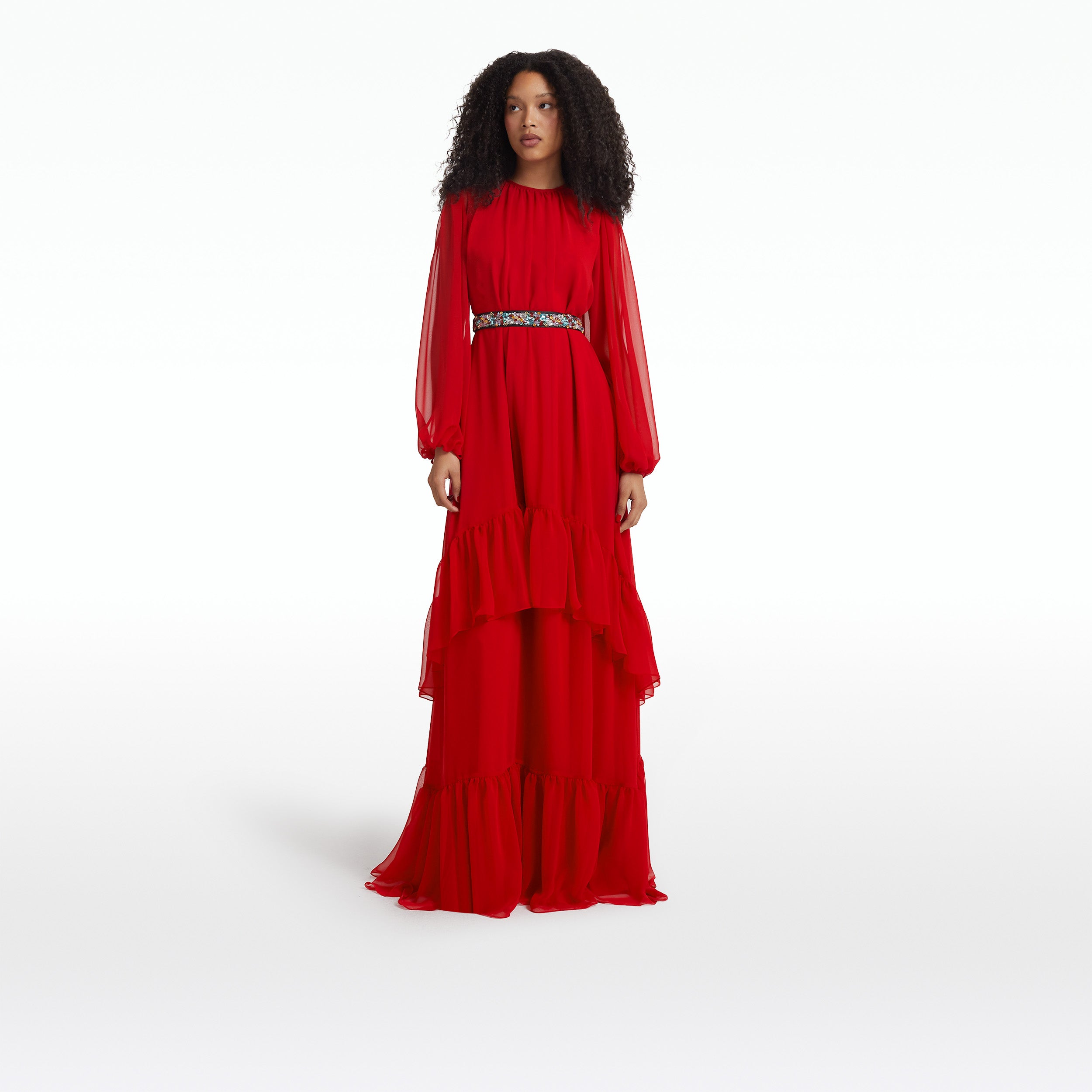 Affiyah Lacquer Red Long Dress With Embroidered Belt
