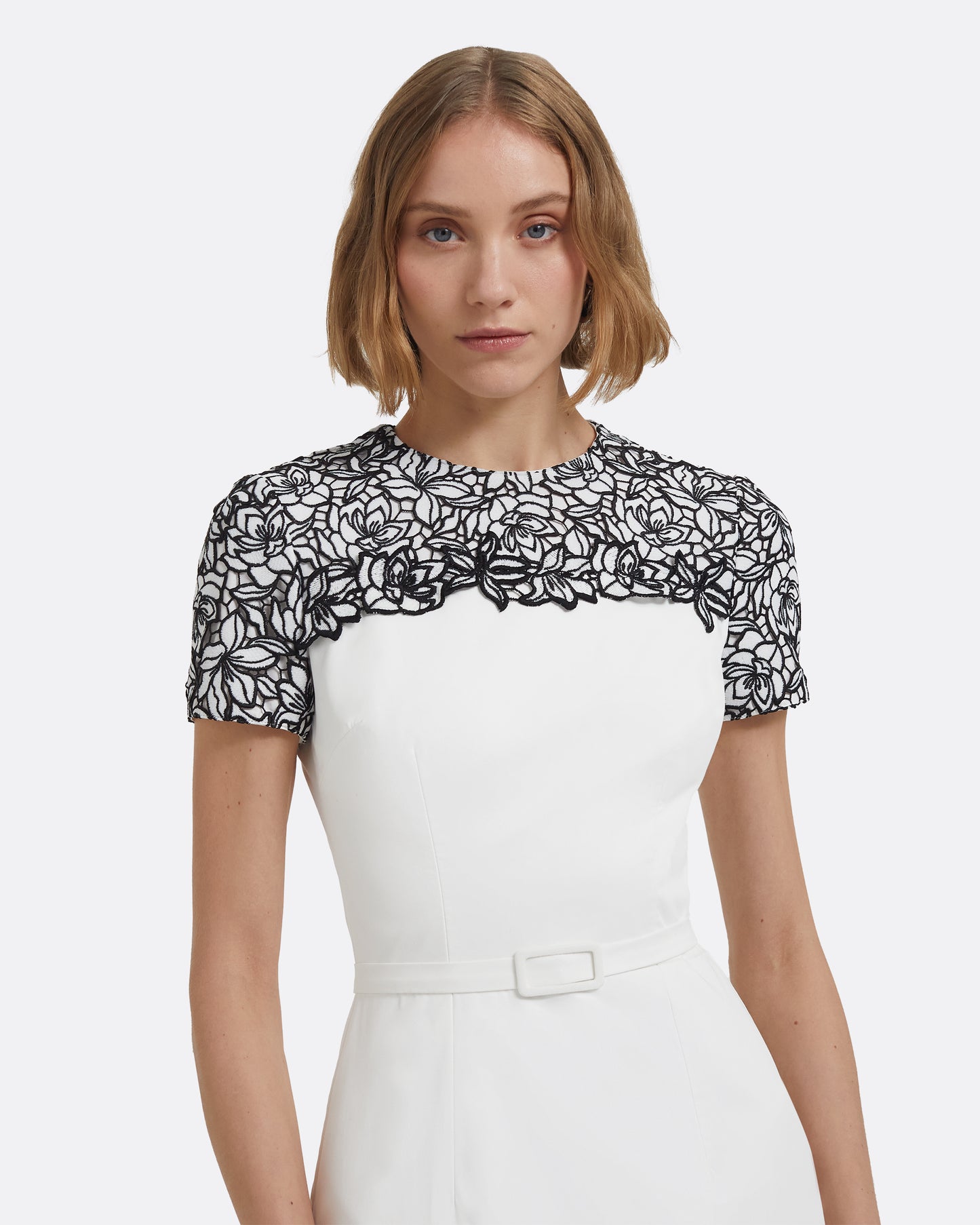 Dayanara Midi Dress in Ivory with Black Guipure Lace