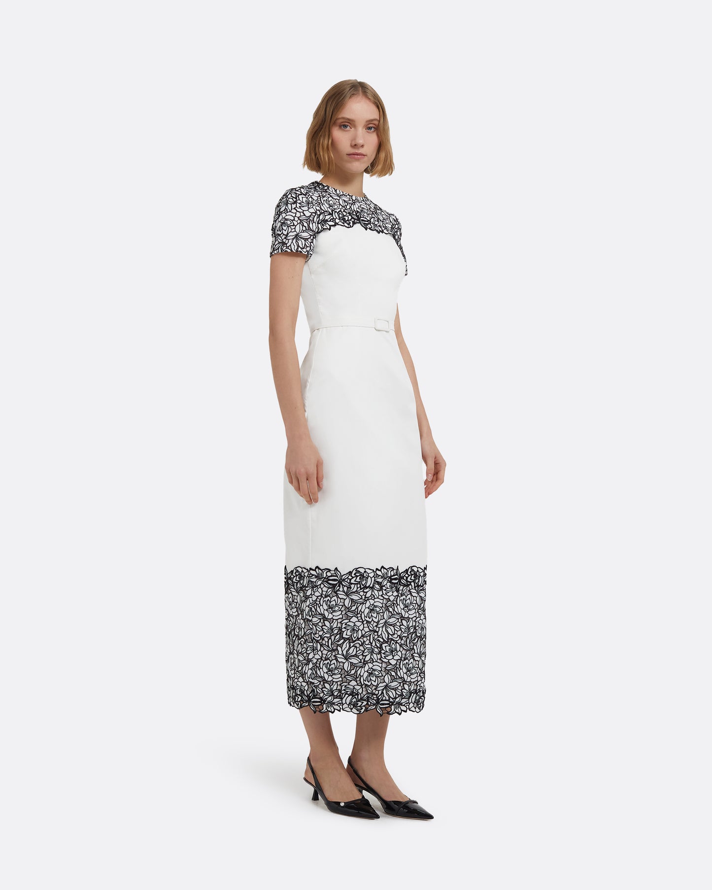 Dayanara Midi Dress in Ivory with Black Guipure Lace