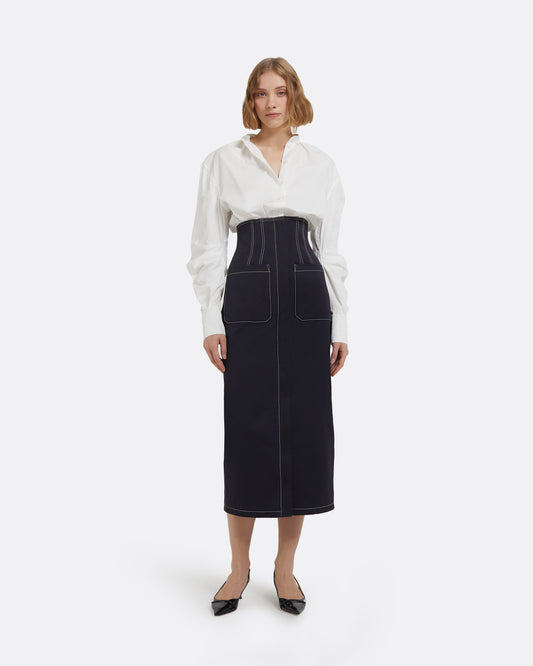 Weatherly Midi Dress in Ivory and Midnight Navy
