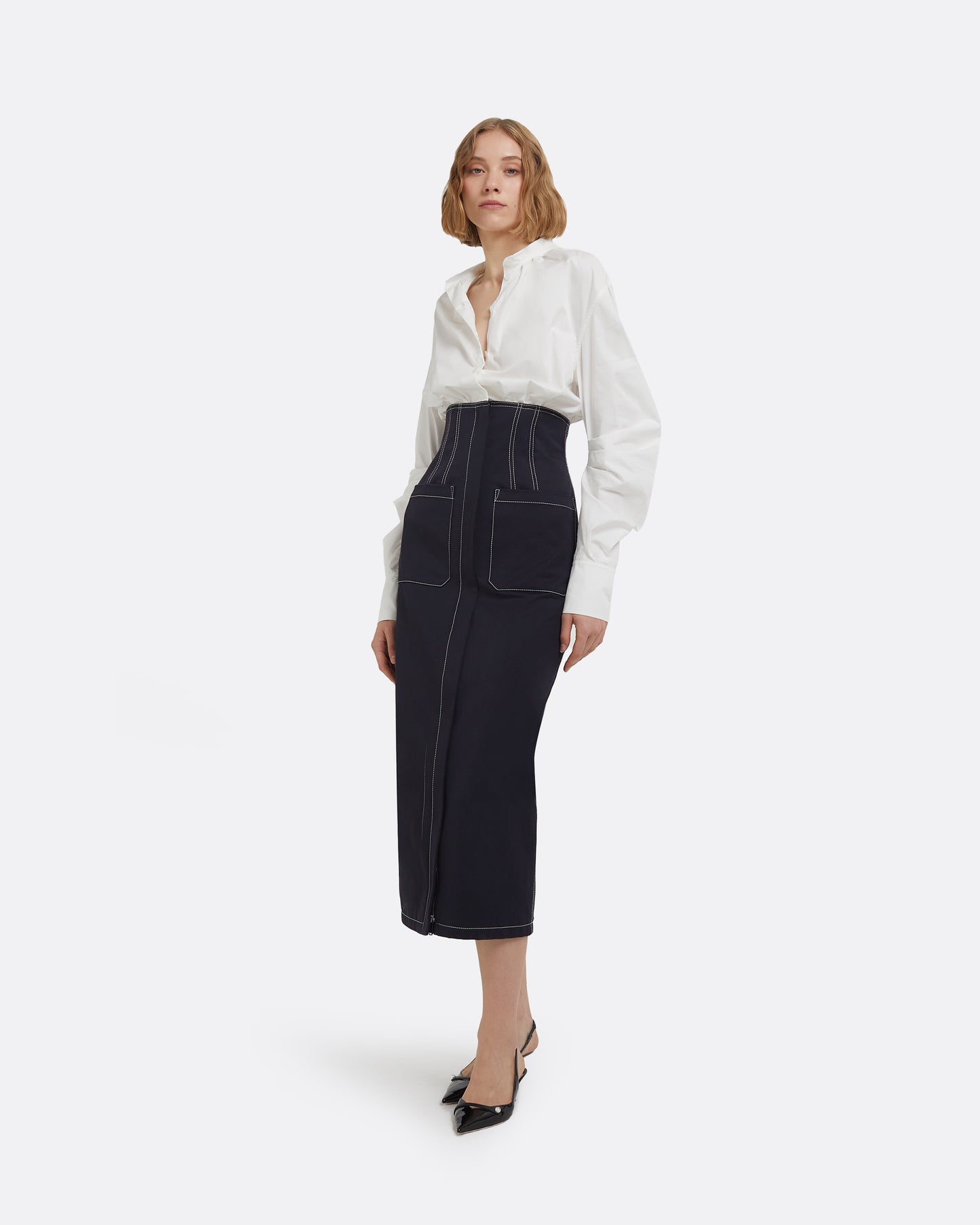 Weatherly Midi Dress in Ivory and Midnight Navy