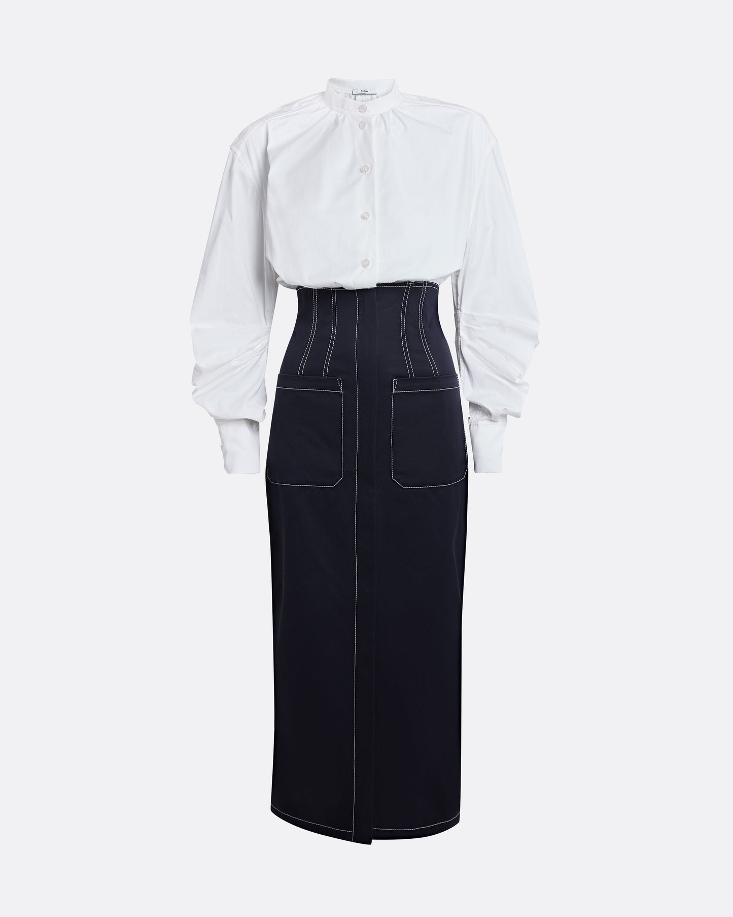 Weatherly Midi Dress in Ivory and Midnight Navy