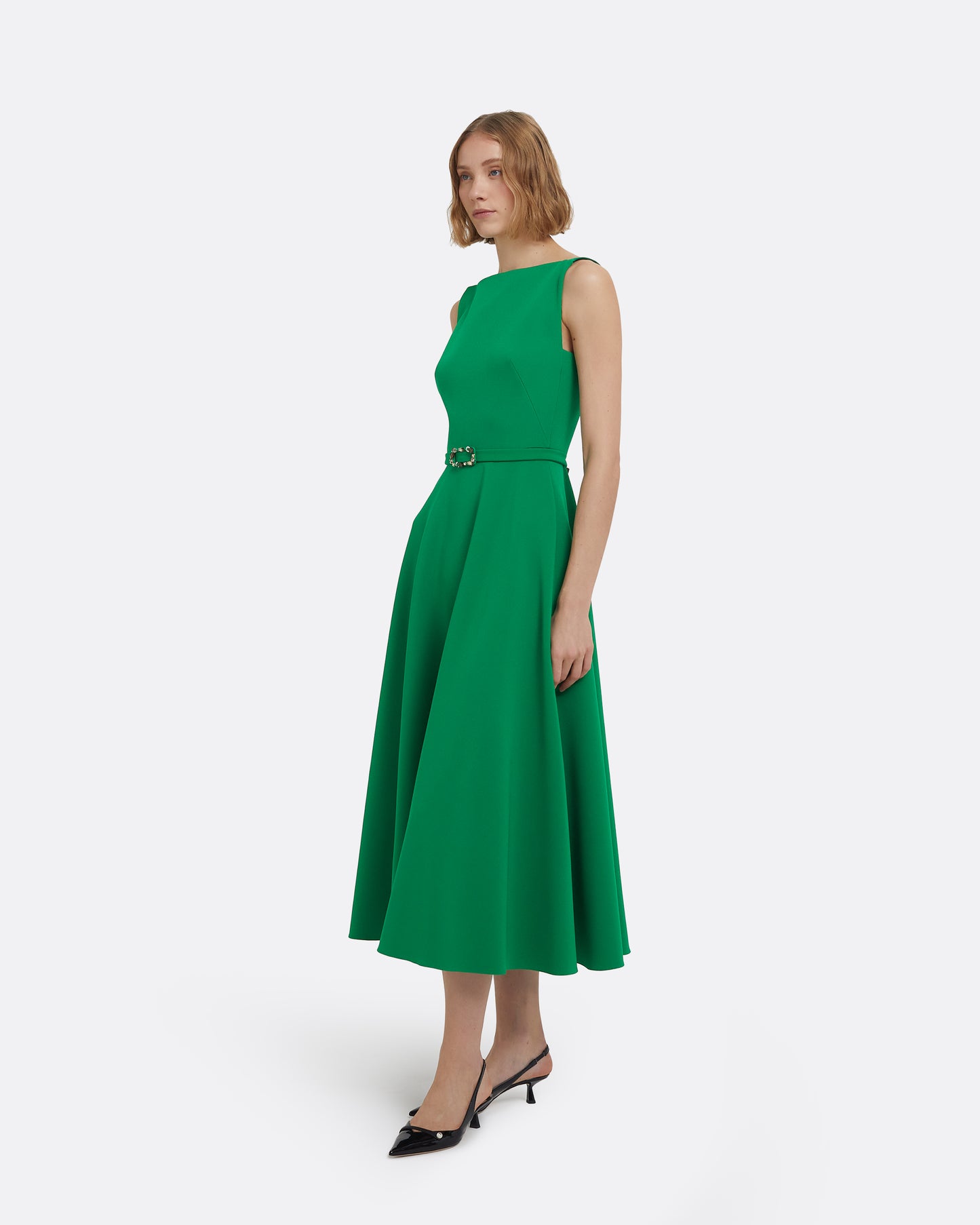 Ginny Midi Dress in Jewel Green with Embellished Belt