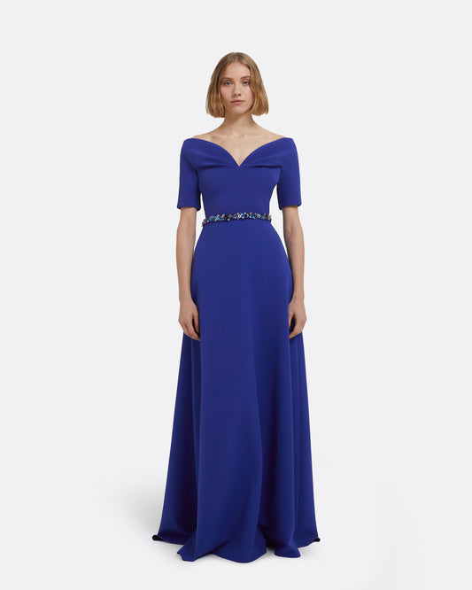 Lydia Long Dress in Skiathos Blue with Multi-Blues Belt