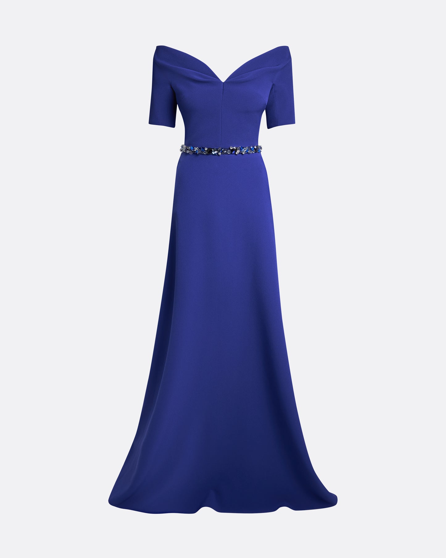 Lydia Long Dress in Skiathos Blue with Multi-Blues Belt