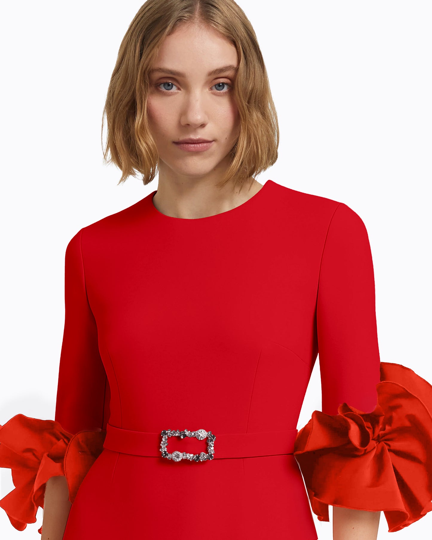 Belen Long Dress in Cherry Red with Embellished Belt