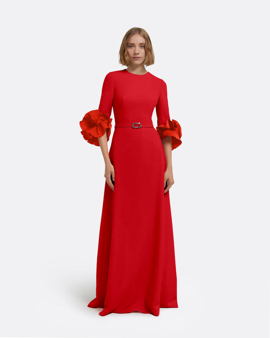 Belen Long Dress in Cherry Red with Embellished Belt