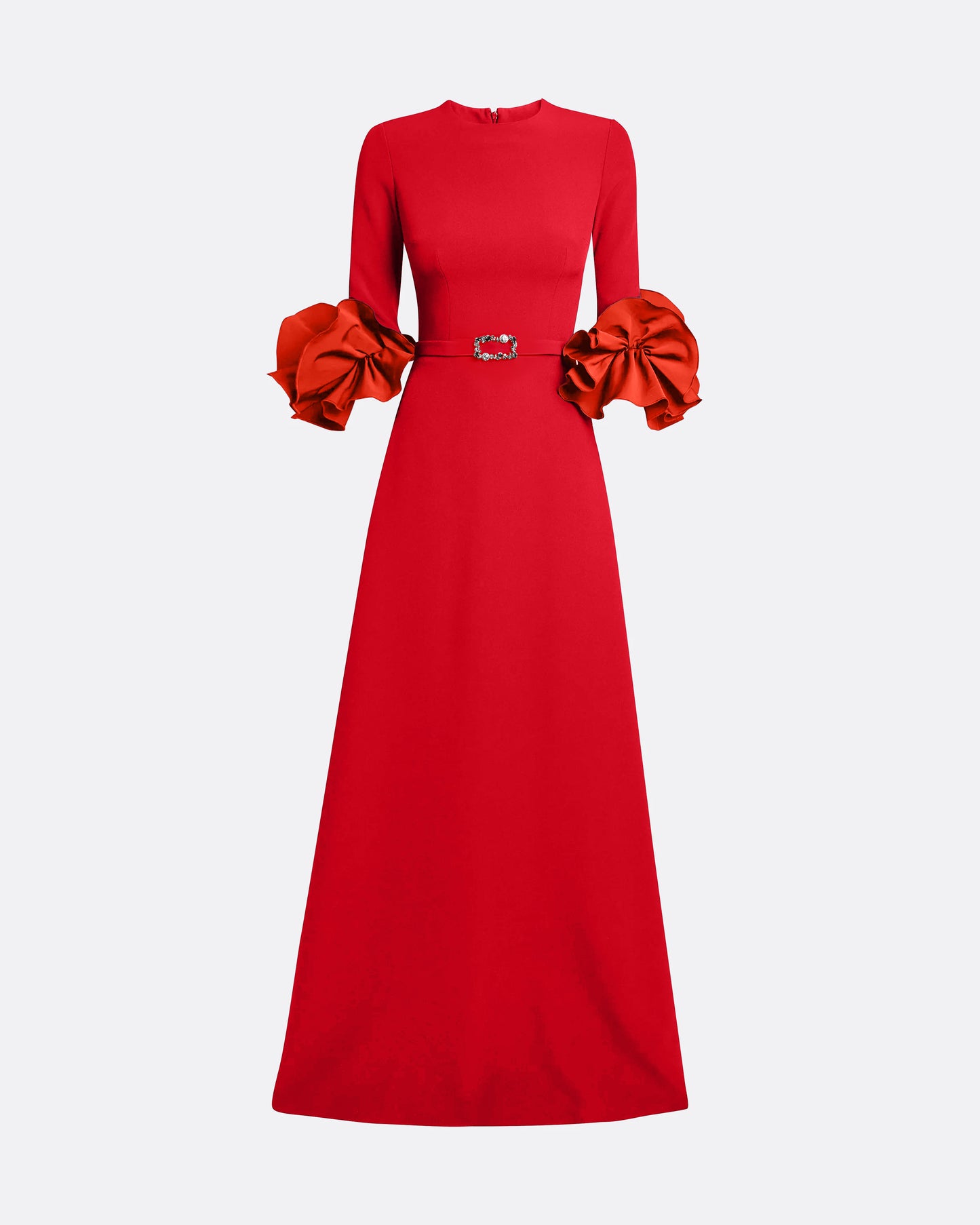 Belen Long Dress in Cherry Red with Embellished Belt