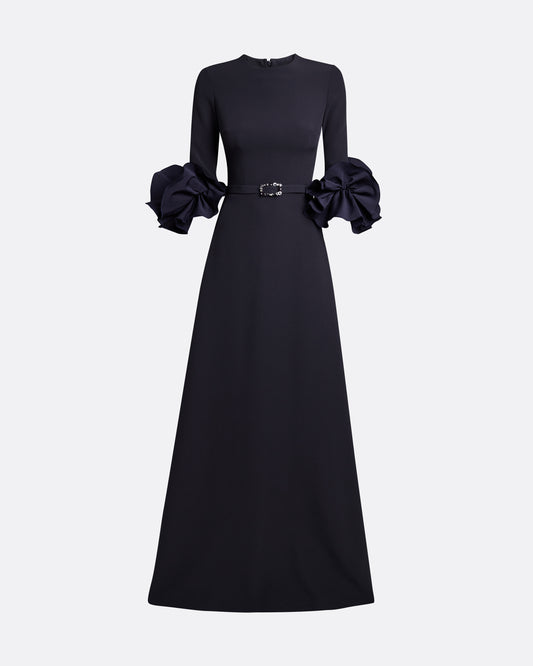 Belen Long Dress in Midnight Navy with Embellished Belt