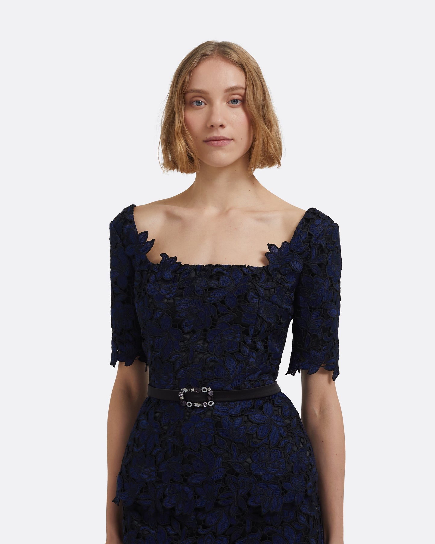 Lacey Top in Black & Navy with Gunmetal Embellishment