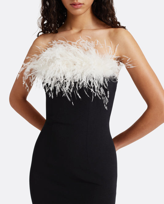 Aerine Midi Dress in Black with Feathers