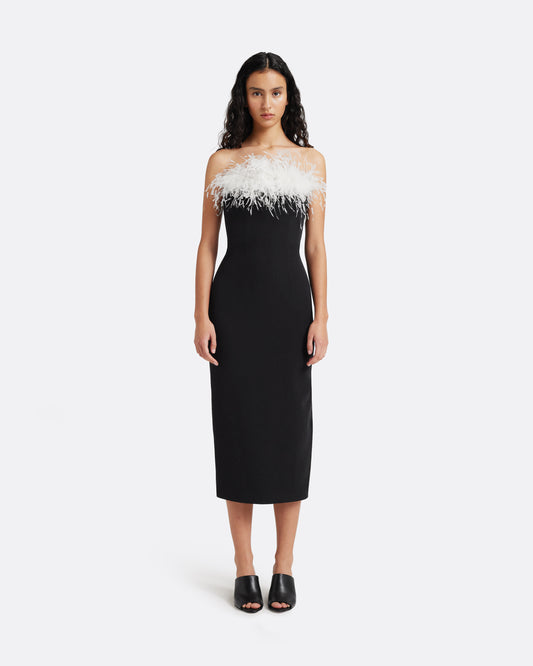 Aerine Midi Dress in Black with Feathers