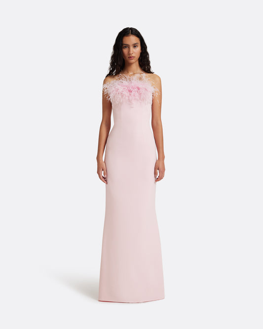 Soshin Long Dress in Lychee with Feathers