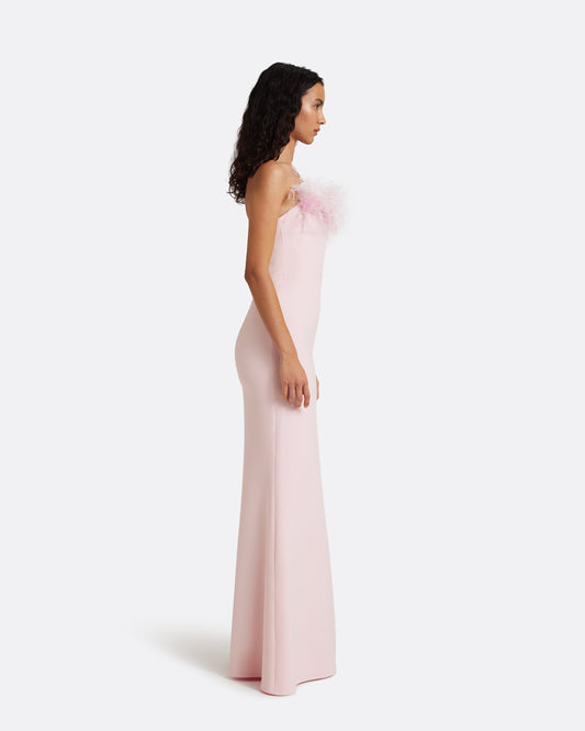 Soshin Long Dress in Lychee with Feathers
