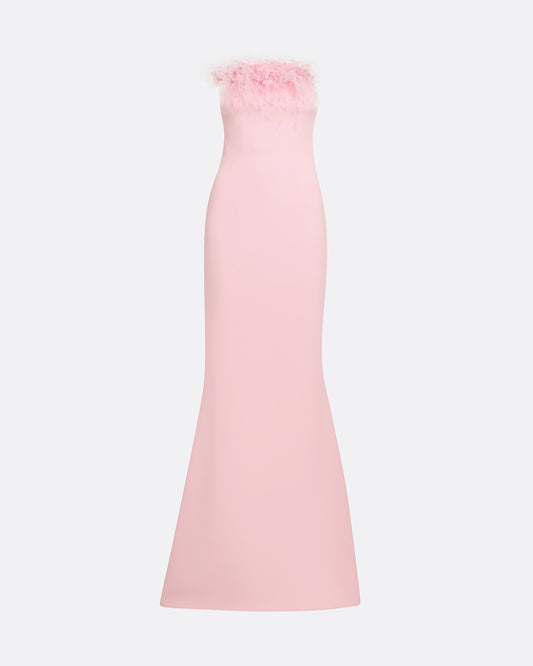 Soshin Long Dress in Lychee with Feathers