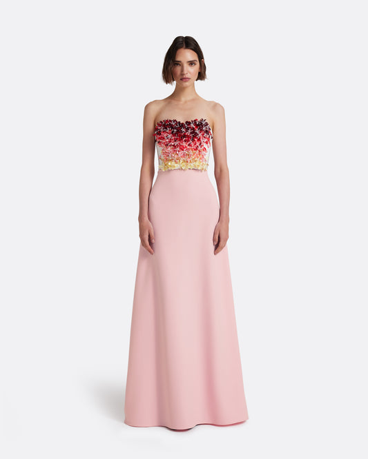 Siena Long Dress in Lychee with Pink Embroidery