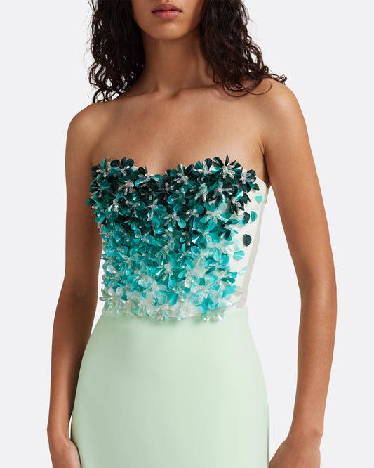 Siena Long Dress in Sea Glass with Blue Embroidery