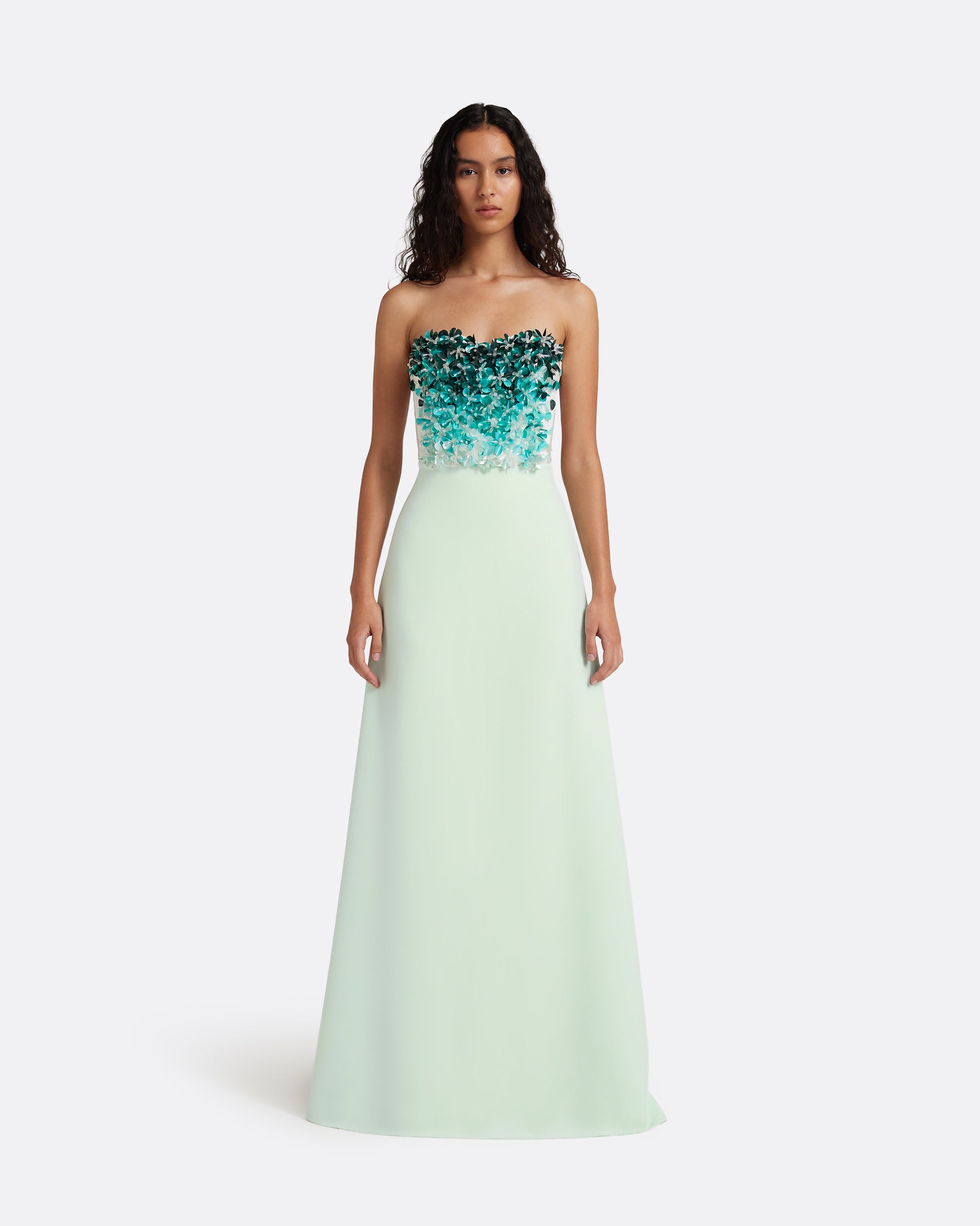 Siena Long Dress in Sea Glass with Blue Embroidery – Safiyaa London