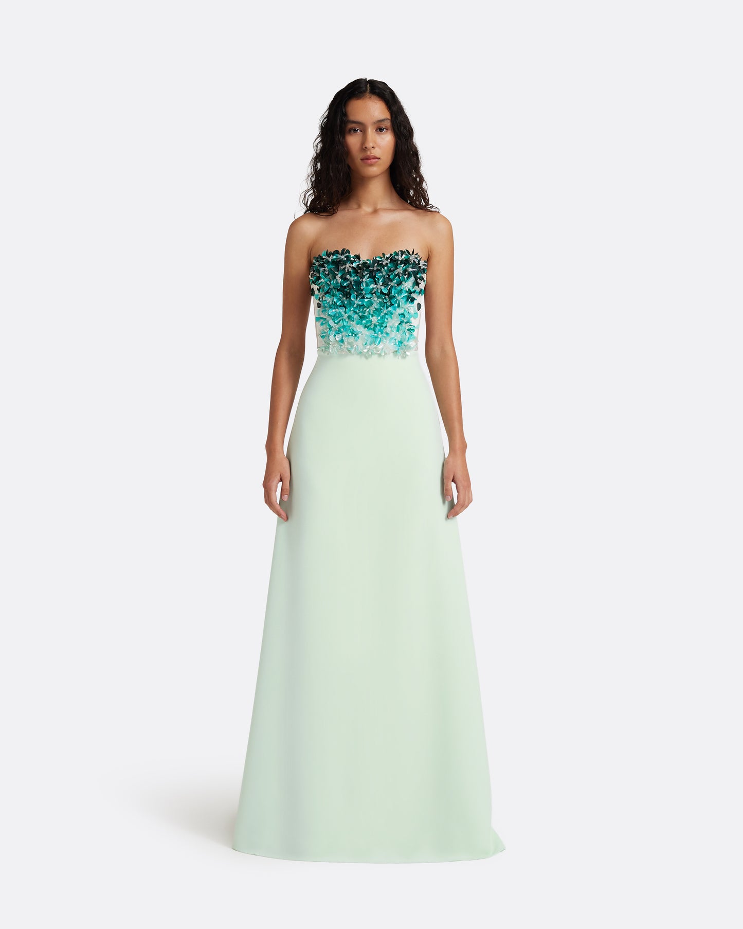 Siena Long Dress in Sea Glass with Blue Embroidery