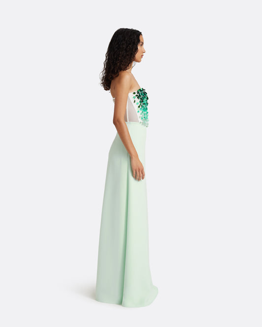 Siena Long Dress in Sea Glass with Blue Embroidery