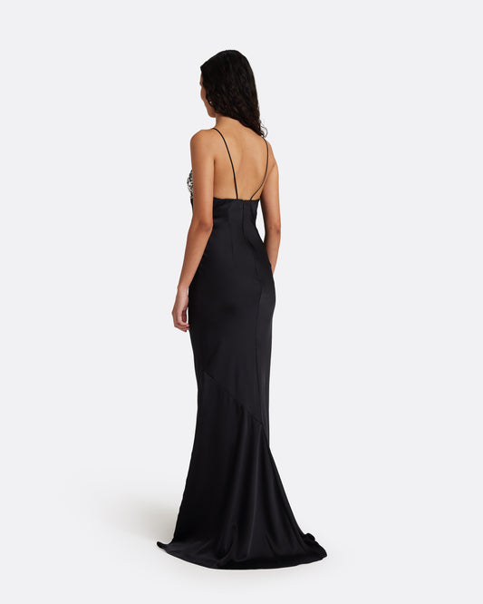 Asia Long Dress in Black with Crystal Embroidery