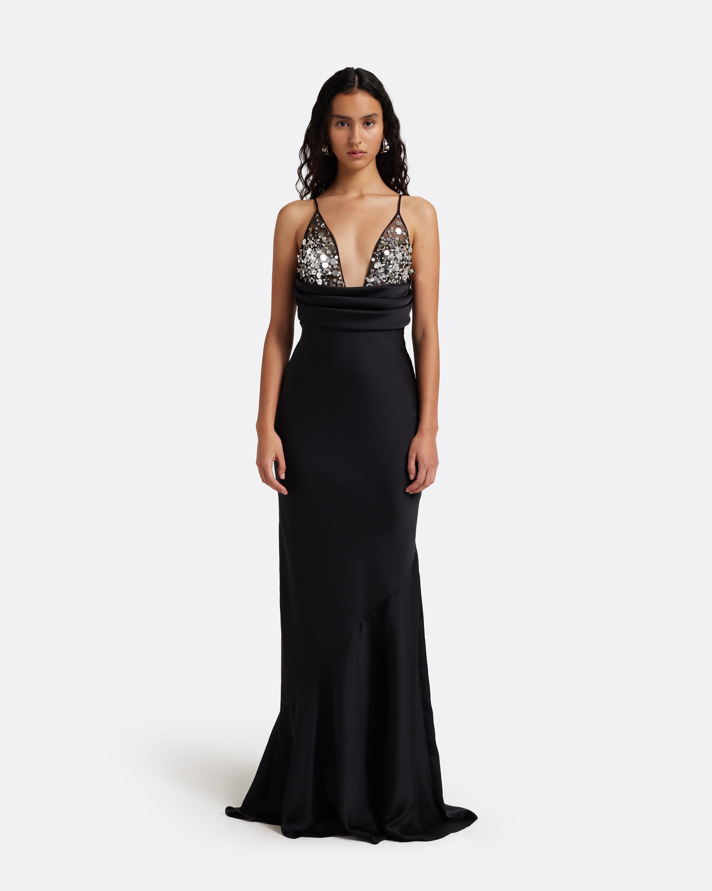 Asia Long Dress in Black with Crystal Embroidery