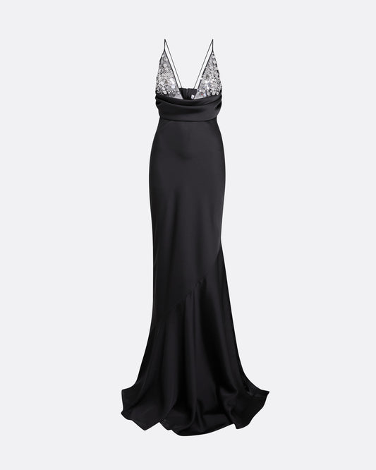 Asia Long Dress in Black with Crystal Embroidery