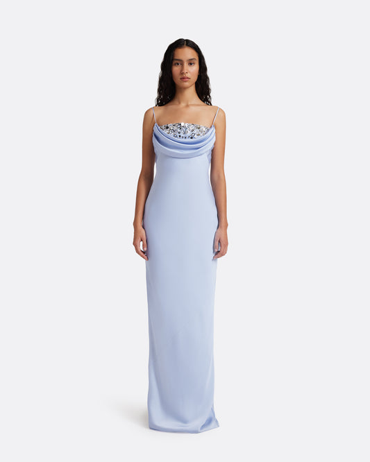 Jules Long Dress in Soft Sky with Crystal Embellishment