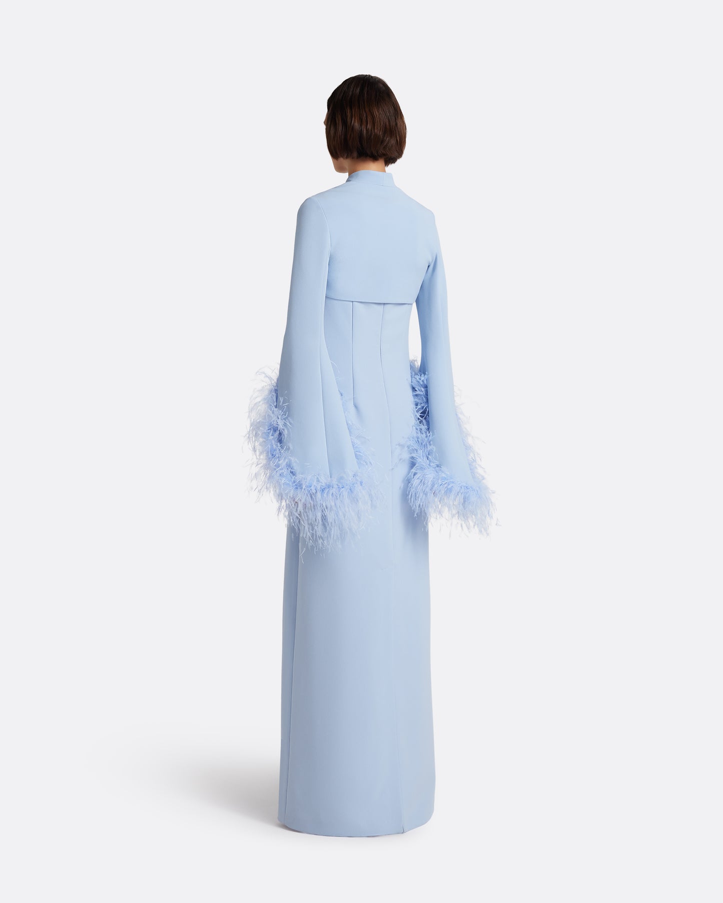 Elise Harness with Maddison Long Dress in Soft Sky with Feathers