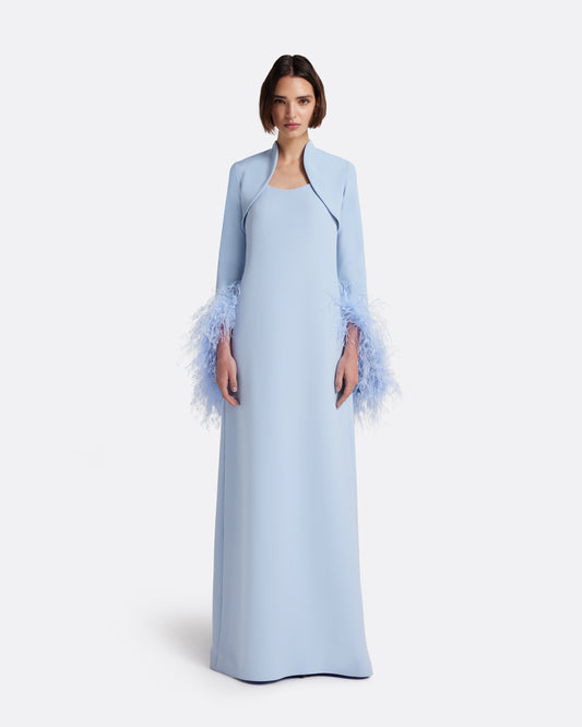 Elise Harness with Maddison Long Dress in Soft Sky with Feathers