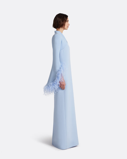 Elise Harness with Maddison Long Dress in Soft Sky with Feathers