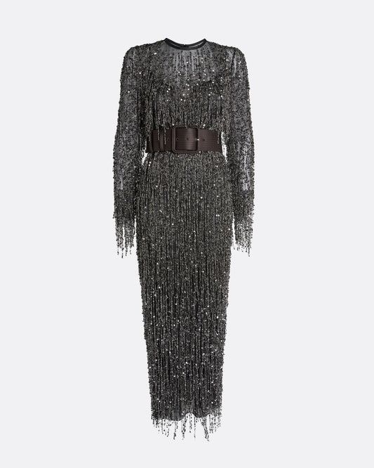 Lyran Midi Dress in Peat Brown on Black with Gunmetal