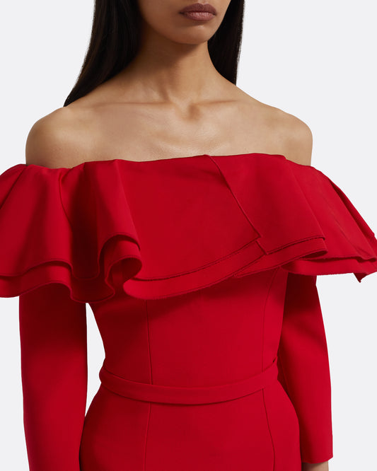 Dorian Midi Dress in Lacquer Red on Crimson