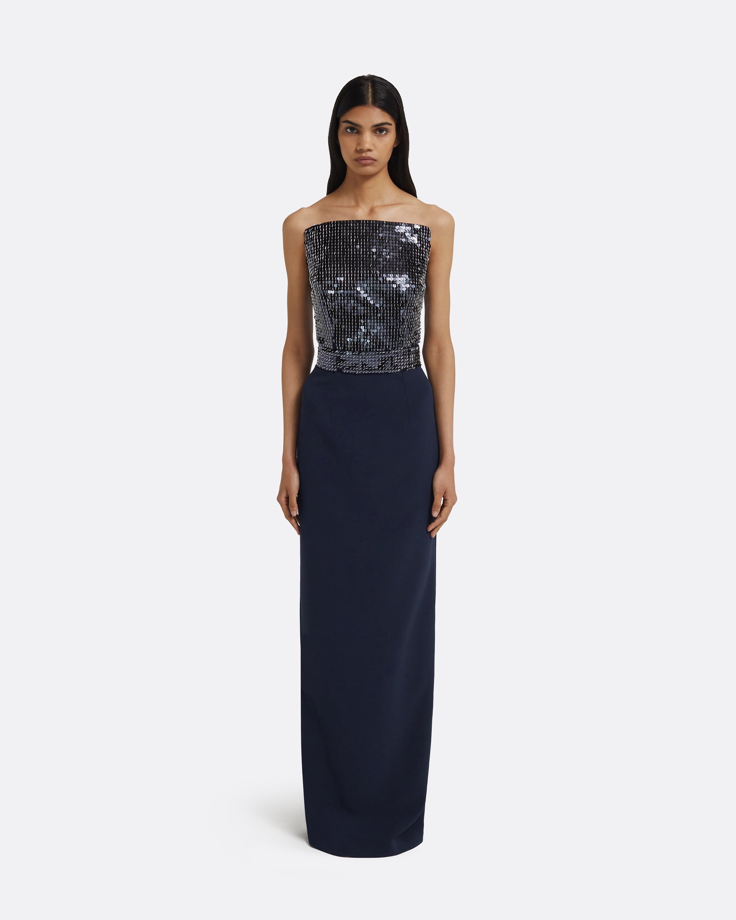 Amory Long Dress in Navy & Silver on Maritime Blue