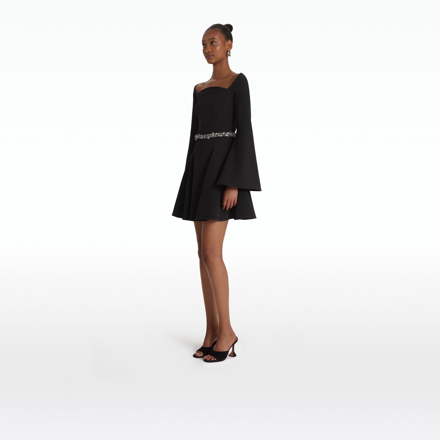 Aubrene Black Short Dress With Embroidered Belt