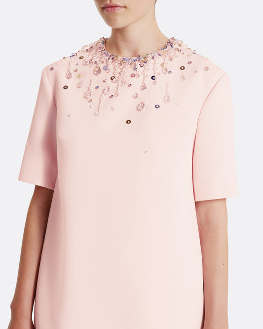 Short sleeve, shift mini dress in PALE PINK WITH MULTI PASTELS