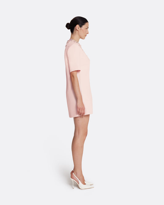 Short sleeve, shift mini dress in PALE PINK WITH MULTI PASTELS