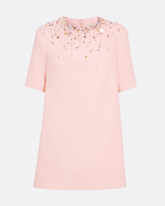Short sleeve, shift mini dress in PALE PINK WITH MULTI PASTELS