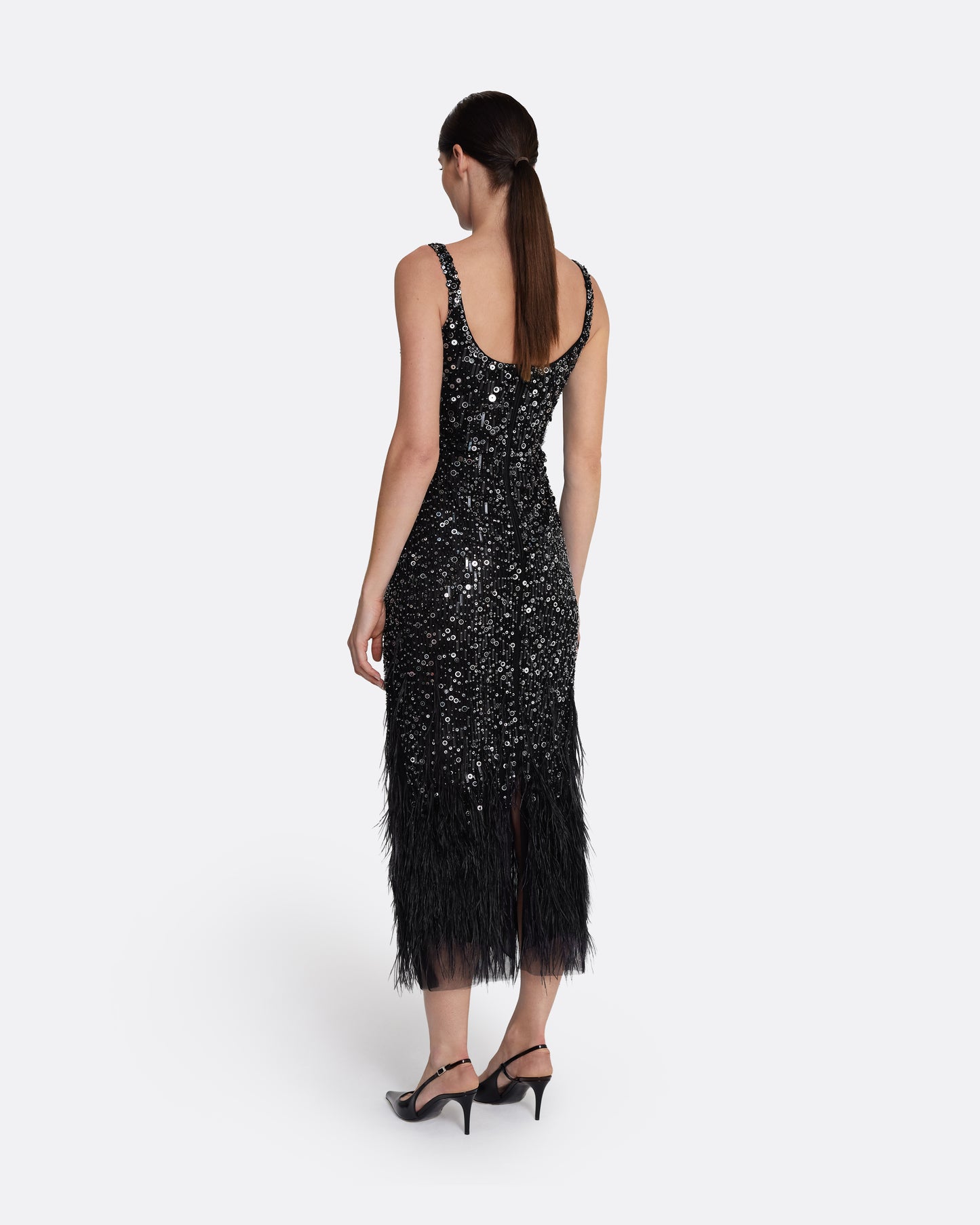 Federica Midi Dress in Black with Feather Embellishment