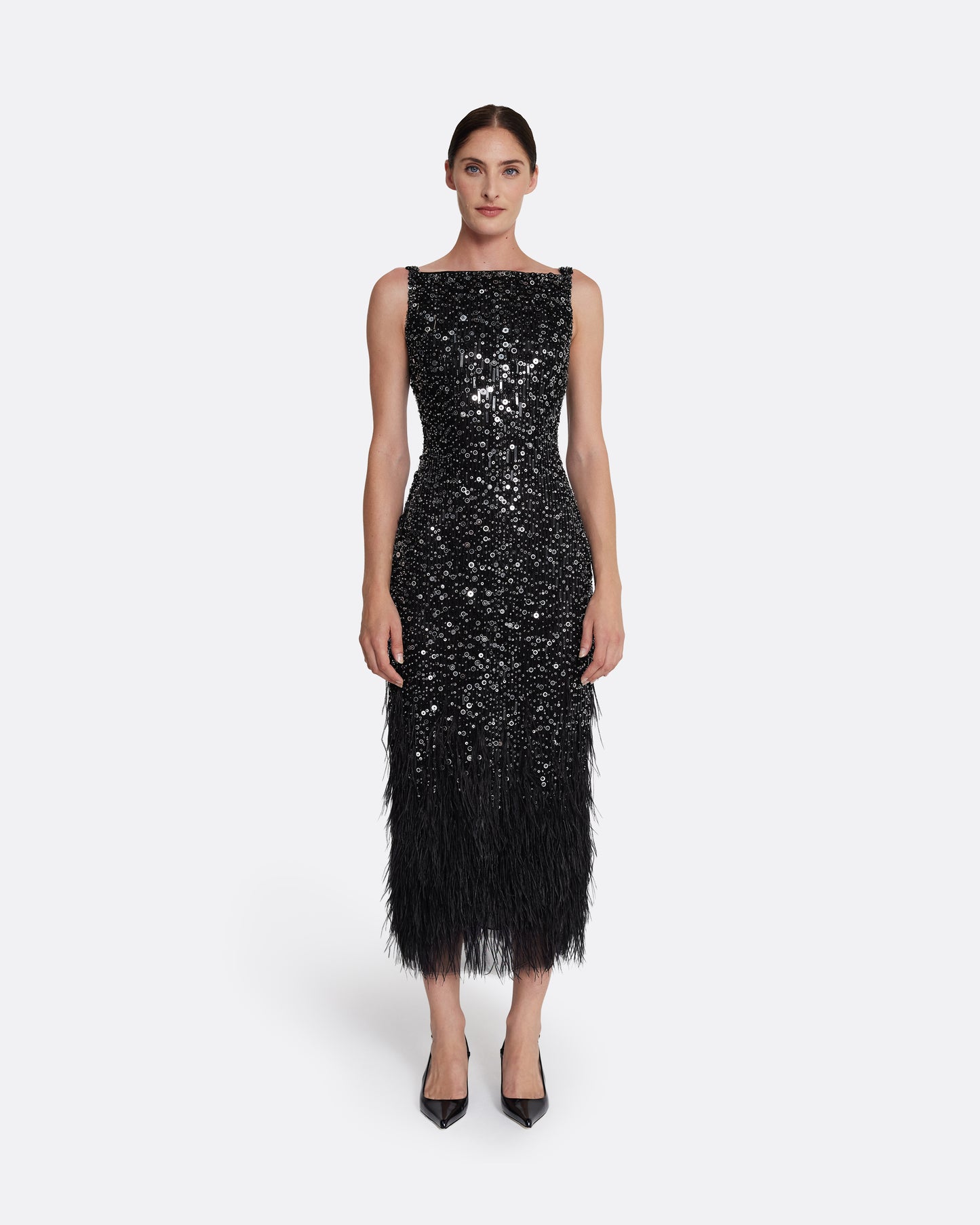 Federica Midi Dress in Black with Feather Embellishment